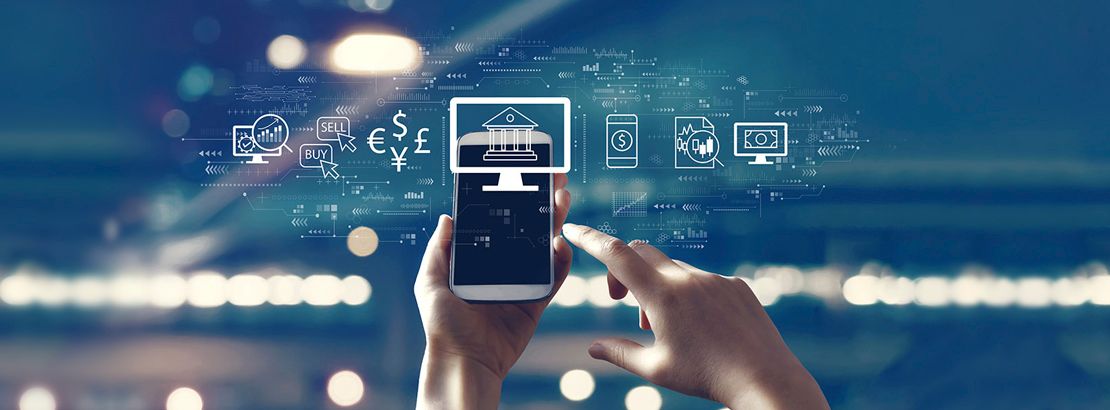 Hands using a smartphone to access digital banking and currency exchange services, with icons representing foreign currencies, mobile payments, and savings, illustrating online international money transfers.