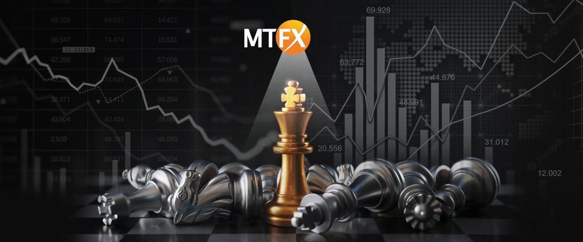 Golden chess king standing victorious among fallen silver pieces on a chessboard, spotlighted by the MTFX logo, with financial charts in the background—symbolizing MTFX’s strategic advantage and cost-saving dominance over traditional banks.