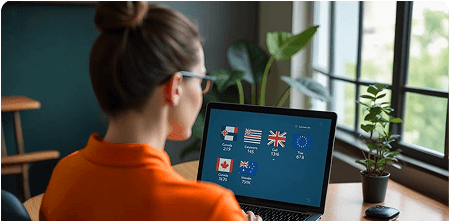 Woman in orange top viewing international currencies on a laptop screen, with country flags displayed.